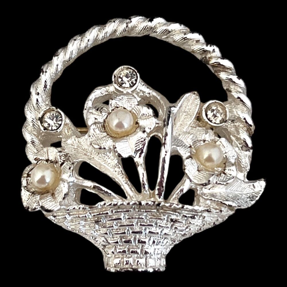 Vintage 1950s Flower Basket Brooch Rhinestone Simulated Pearl Silver Tone - 8U